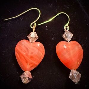 Heart-Shaped Coral Color Art Glass Earrings with sterling Earwires